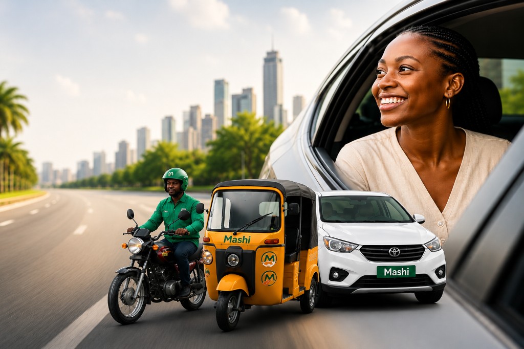 Mashī Mobility — motorcycle, tuk-tuk, and car with rider on an open road toward the city.